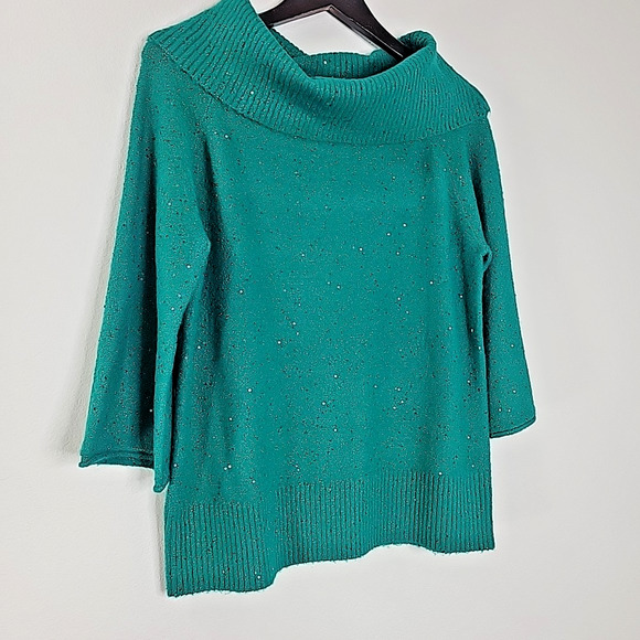 Cato Women’s Medium Sparkle Cowl Neck Sweater Teal Green 3/4 Sleeve Soft Knit - Picture 2 of 8